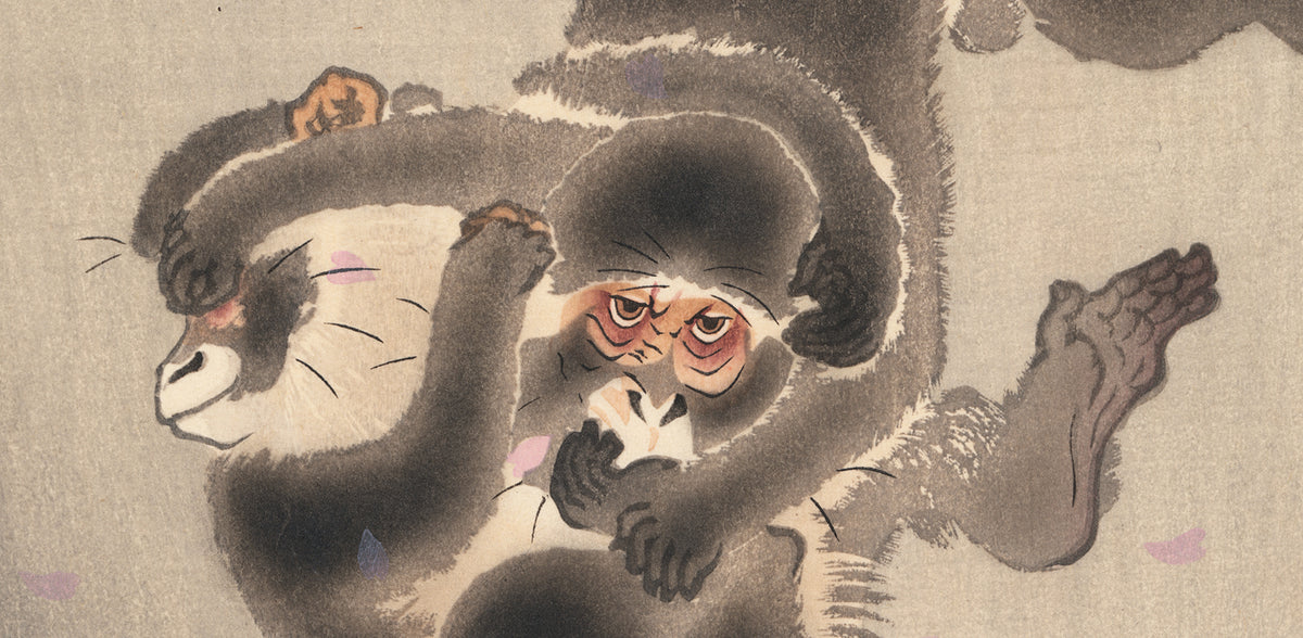 Koson 小原古邨 : Two Playing Monkeys 桜吹雪に小猿 – Egenolf
