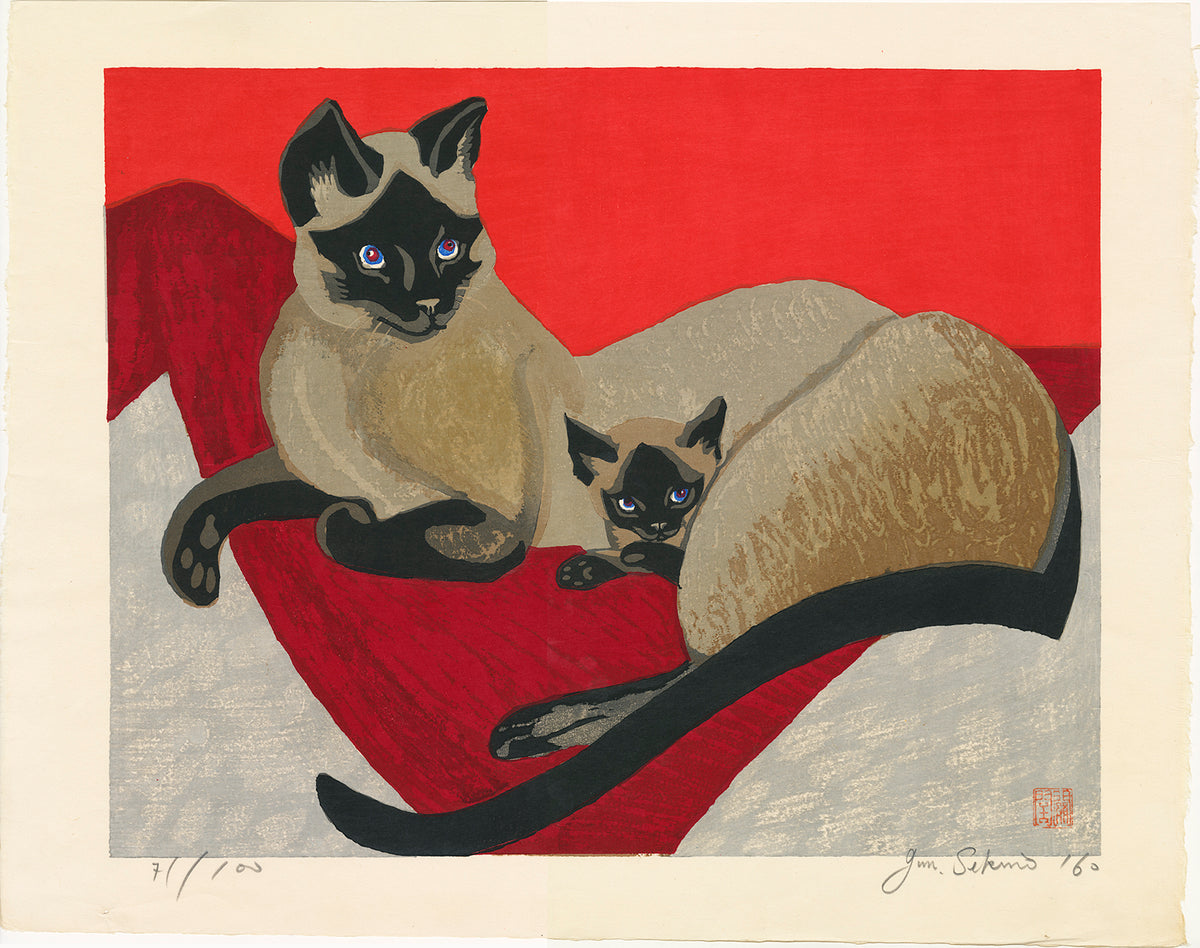 Jun'ichiro Sekino: 鮮やかな赤い背景のシャム猫と子猫（SOLD