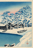 Hasui 巴水 : Dawn Snow at the Port of Ogi, Sado 雪の明ぼの (Sold)