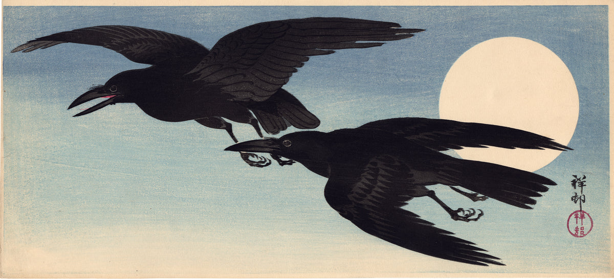 Koson 小原古邨 : Two Crows in Flight Against the Full Moon (Sold)