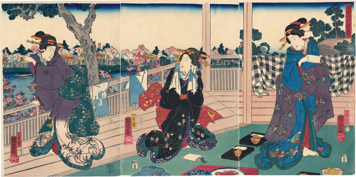 歌川豊広、【観桜酒宴図】、希少画集画より、状態良好、新品高級額装付 Gallery Egenolf – 国芳：住田川の美女と桜の祭典（売り切れ） 絵画