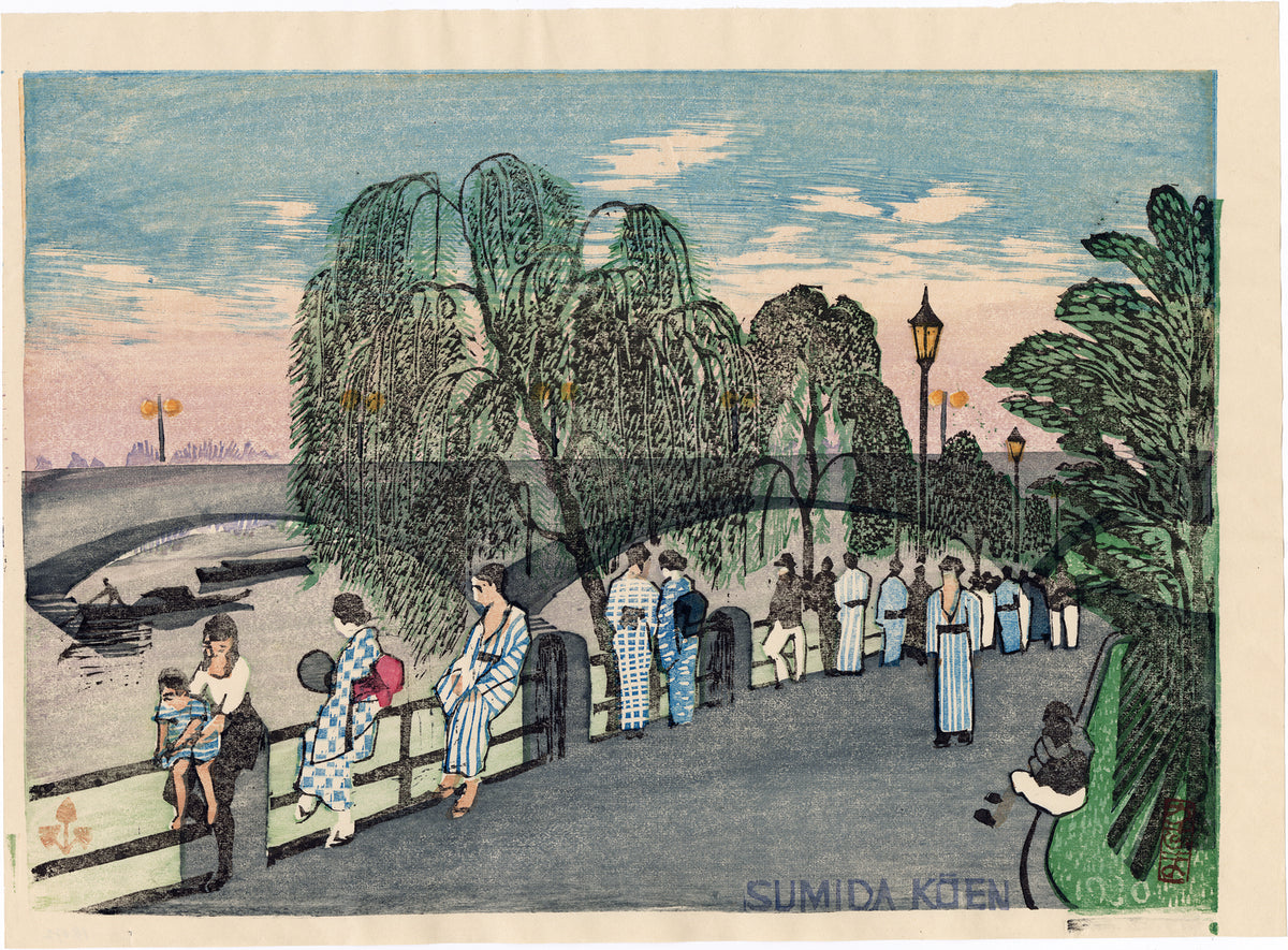 □織田一磨 隅田公園 木版画 鉛筆サイン 額装