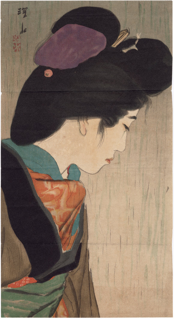 Itō Shinsui 伊東深水: Kuchi-e of a Beauty in Profile in the Rain