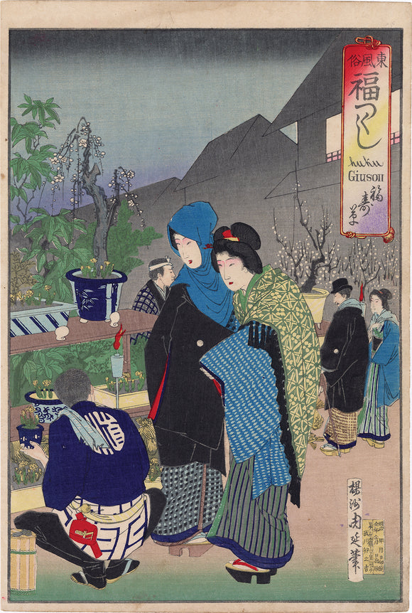 Chikanobu: Fukujuso; Women Buying Adonis Plant at a Night Market