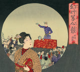 Chikanobu: Meiji era woman giving an Impassioned Speech to a crowd of men (Reserved)