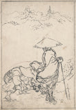 Kuniyoshi: Drawing of a Traveling Monk in Snow and a Warrior Striking a Pose
