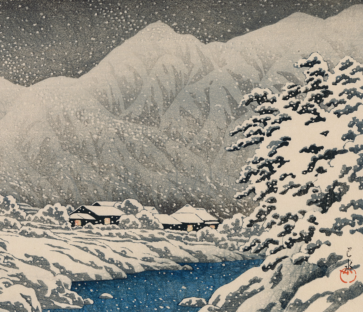 羽水 巴水: 雪の中、中山七里道、飛騨 (売却済み) – Egenolf Gallery