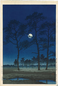 Hasui 巴水: Winter Moon over Toyama Plain 戸山ヶ原