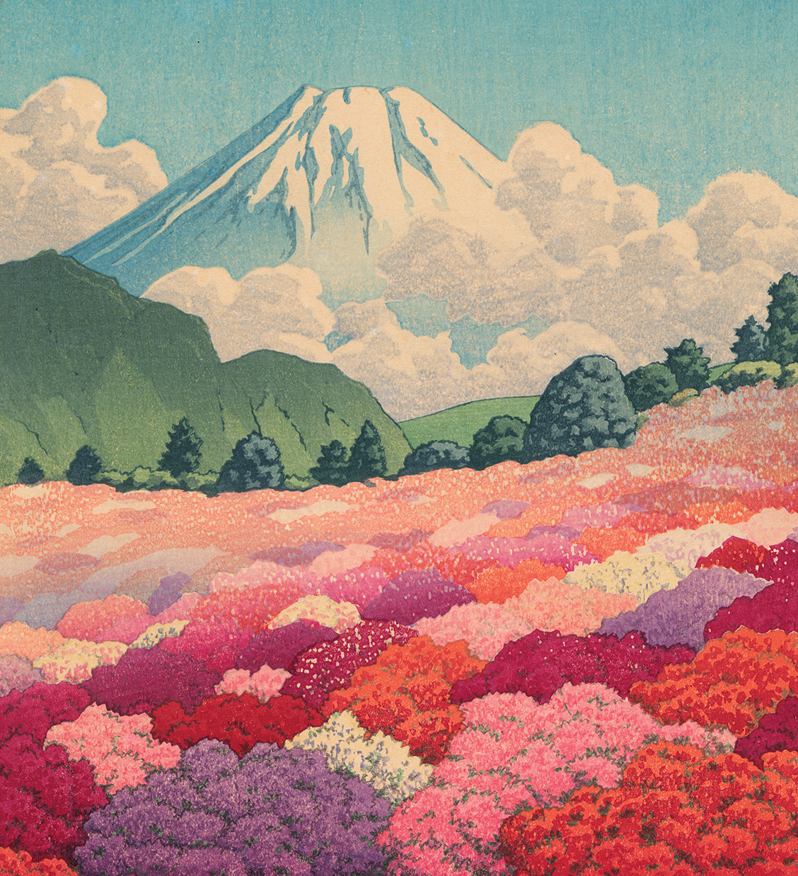Hasui 巴水 : View of Azalea Garden and Mount Fuji (Sold