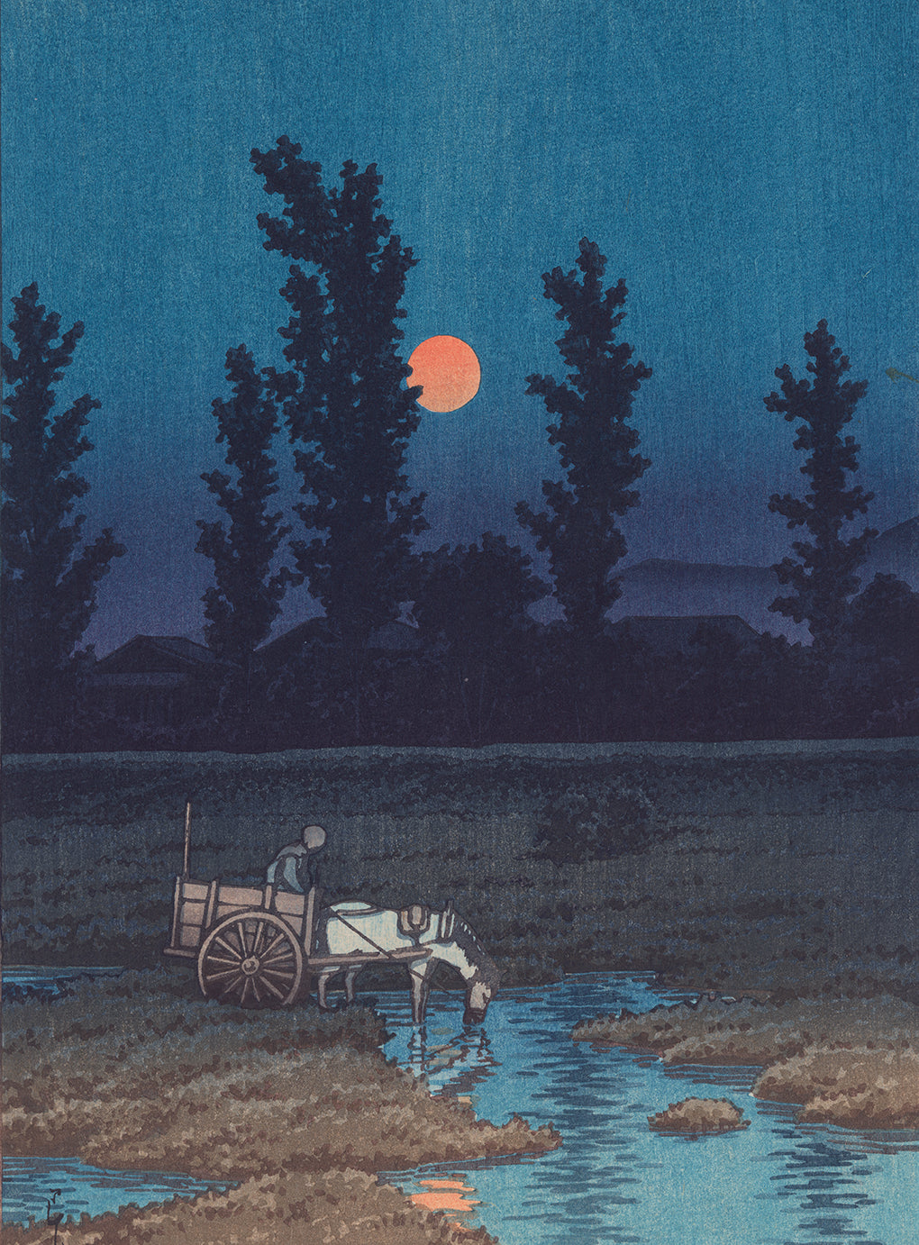 Hasui 巴水: Evening Moon at Nakanoshima, Sapporo; First