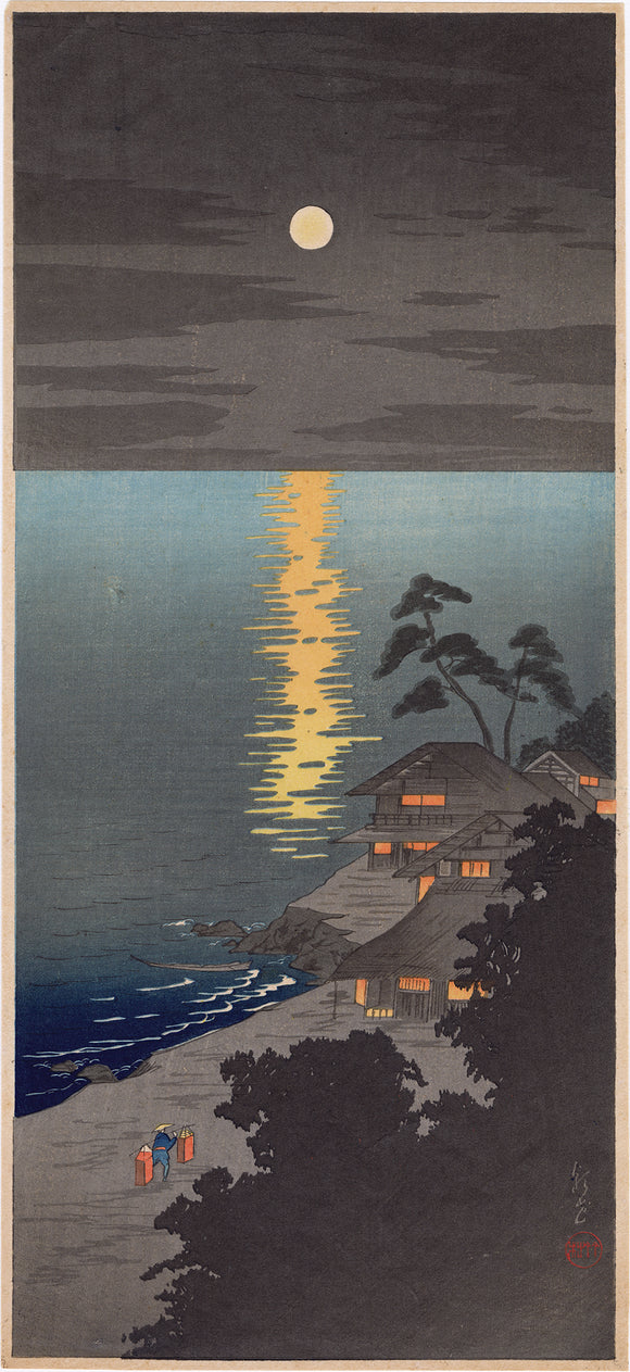 Nishimura Hodo: Moon Reflecting on Water Above a Seaside Village