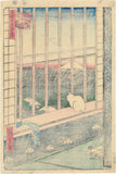 Hiroshige 広重: White Cat in Window Gazing at Asakusa Ricefields and Torinomachi Festival (Reserved)