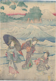 Hiroshige II: Beauties Enjoying the Seashore and View of Enoshima 相州七里ヶ浜　江之嶋金亀山遠景之図