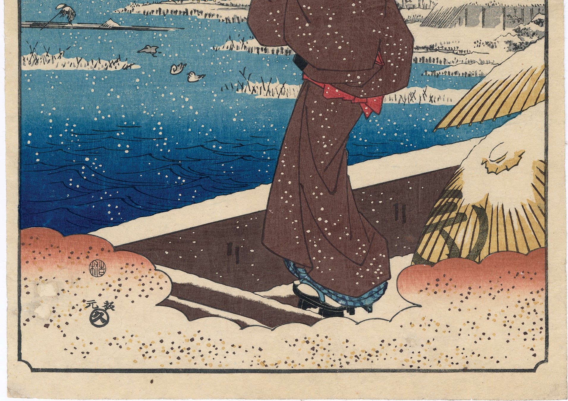 広重 広重:雪の中の傘の美しさ (SOLD) (見立浮舟) 隅田川の渡見立浮舟