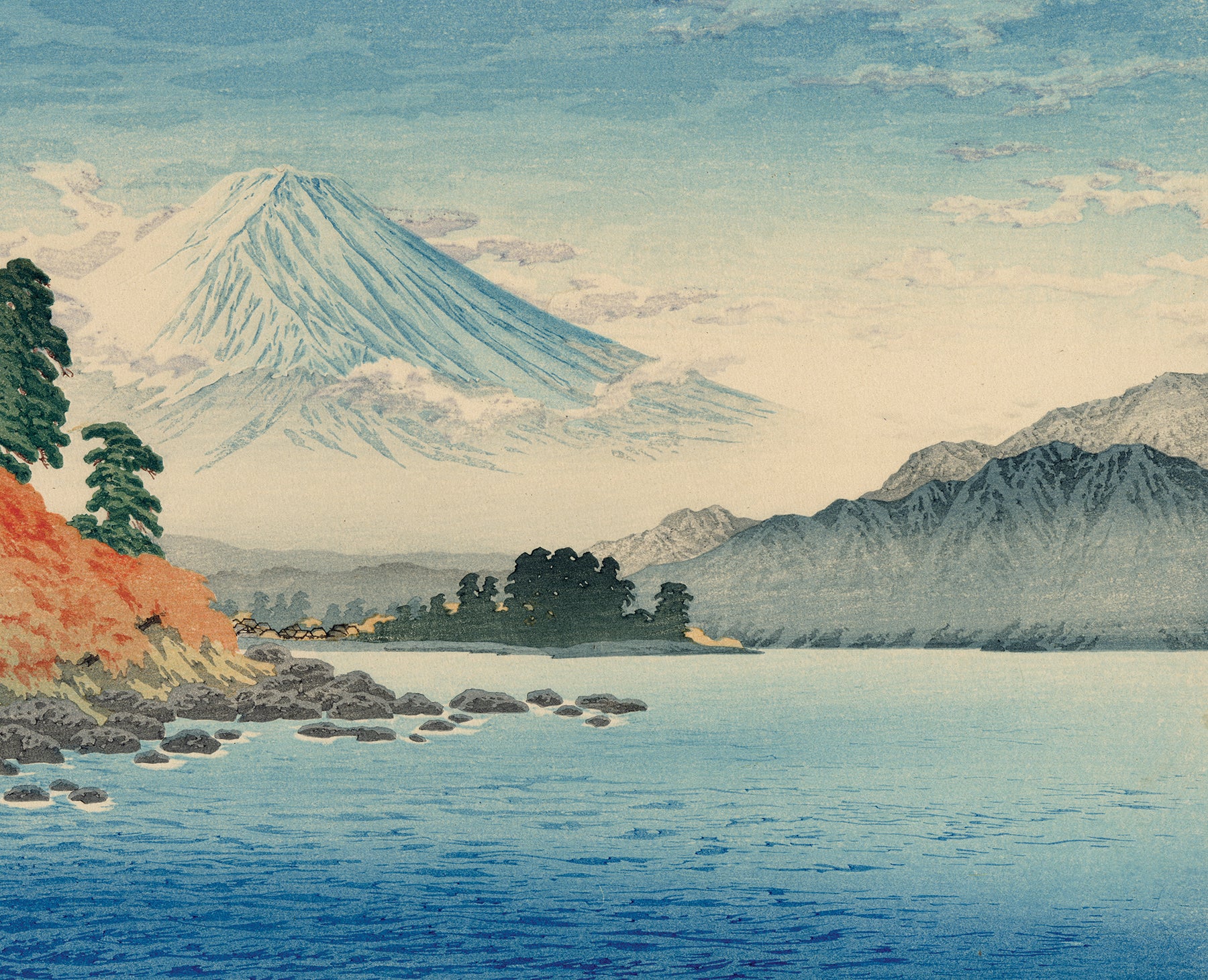 高橋 宏明 (昇亭) 高橋松亭 弘明:富士と鵜の島と雲のある河口湖 – Egenolf Gallery Japanese Prints