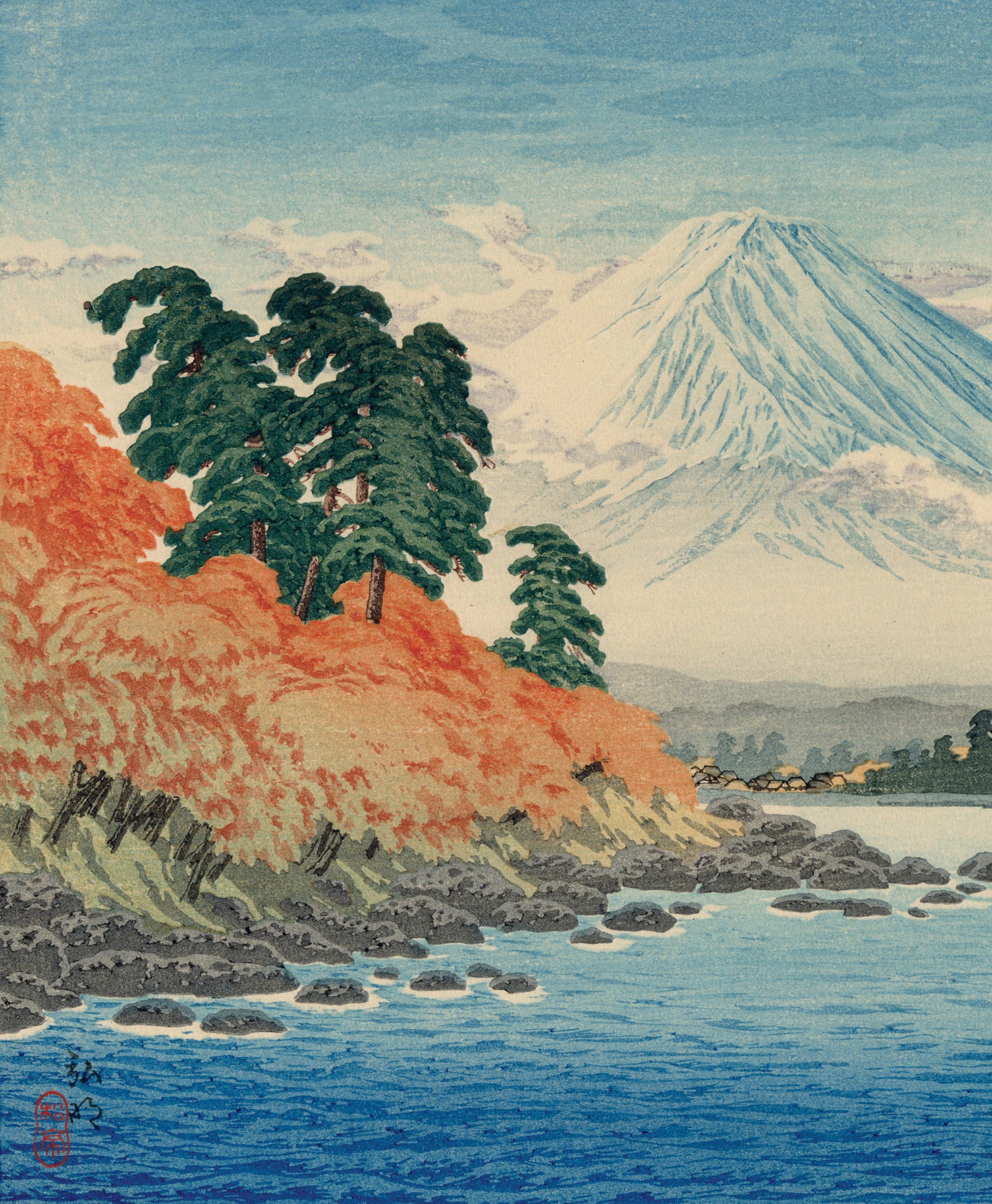 高橋 宏明 (昇亭) 高橋松亭 弘明:富士と鵜の島と雲のある河口湖 – Egenolf Gallery Japanese Prints