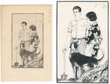 Iwata Sentaro:  Ink Drawing and Published Print of a Couple with their Dog