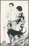 Iwata Sentaro:  Ink Drawing and Published Print of a Couple with their Dog