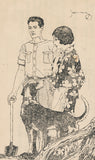 Iwata Sentaro:  Ink Drawing and Published Print of a Couple with their Dog