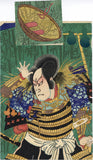 Kunichika 国周: Hat-throwing scene with magic flap of Bando Hikasaburo as Mitsuhide seeking vengeance on Hideyoshi