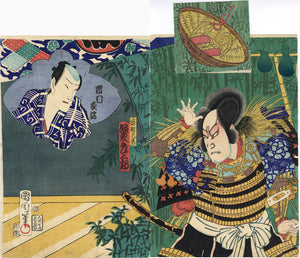 Kunichika 国周: Hat-throwing scene with magic flap of Bando Hikasaburo as Mitsuhide seeking vengeance on Hideyoshi