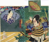 Kunichika 国周: Hat-throwing scene with magic flap of Bando Hikasaburo as Mitsuhide seeking vengeance on Hideyoshi