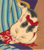 Kunichika: Woman Sewing with Playful Cat (Published) (SOLD)