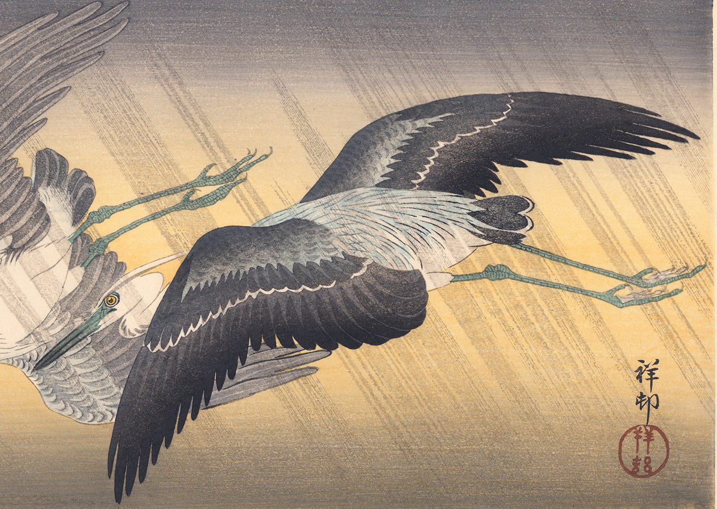 烏の濡れ羽 舞い落ちる テクスチャーアート 18×18㎝ S0 原画1点のみ Koson 小原古邨 : 雨の中を飛ぶ二羽のアオサギ（販売済み） – Egenolf