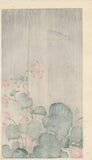 Koson 小原古邨 : Silhouetted Bird in Rain above Pink Begonia Flowers