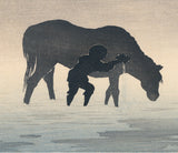 Koson 小原古邨 : A Man Washing his Horse by Moonlight (Sold)