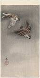 Koson 古邨：雪片とともに飛ぶ二羽のスズメ