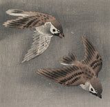 Koson 古邨：雪片とともに飛ぶ二羽のスズメ