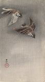 Koson 古邨：雪片とともに飛ぶ二羽のスズメ