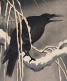 Koson 小原古邨 : Cawing Crow 雪中の鴉 on a Snowy Bough, Grey Sky