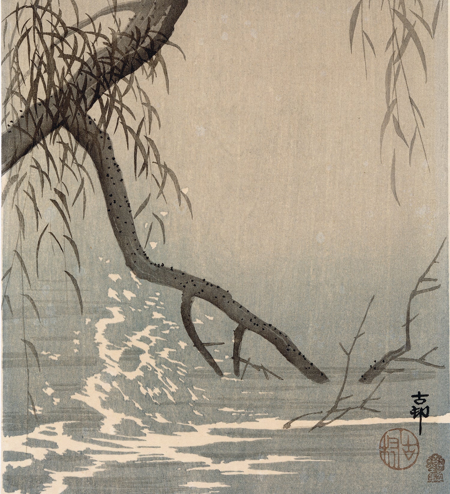 公孫 小原古邨:柳の枝に翼を広げたコサギ 小鷺 (特大初版) (SOLD