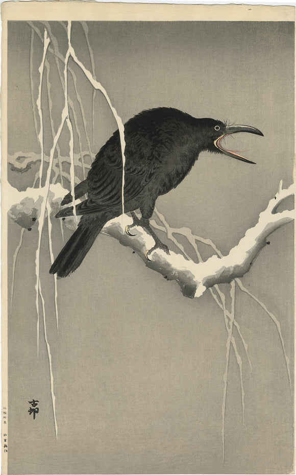 Koson 小原古邨 : Cawing Crow 雪中の鴉 on a Snowy Branch (Oversized)