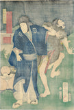 Toyohara Kuniteru : Actor Triptych Evening Scene of a Fight with a Black-clad Assassin