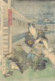 Toyohara Kuniteru : Actor Triptych Evening Scene of a Fight with a Black-clad Assassin