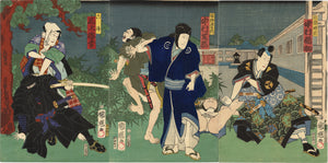 Toyohara Kuniteru : Actor Triptych Evening Scene of a Fight with a Black-clad Assassin