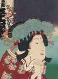 Kunisada: 沢村田之助三世 as 雛鳥, 桃の花