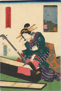 Kunisada: Hachiman Shrine in Fukagawa; Woman Unpacking her Shamisen