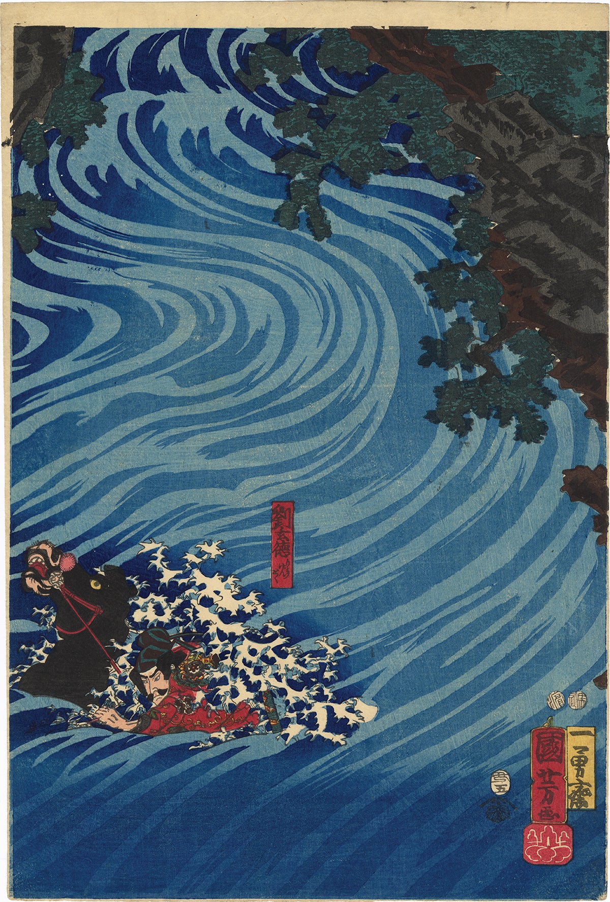 Kuniyoshi 国芳: Gentoku Jumps His Horse into the Tan Gorge 玄徳馬