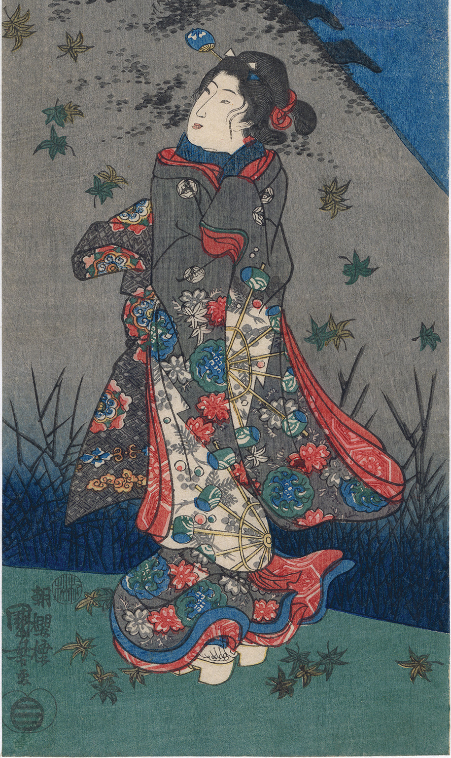 国芳: 美と落ち葉; ママの晴れた天気 – Egenolf Gallery Japanese Prints