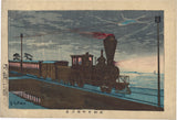 Kiyochika 清親: Steam Train by Night--View of Ushimachi in Takanawa 高輪牛町朧月景