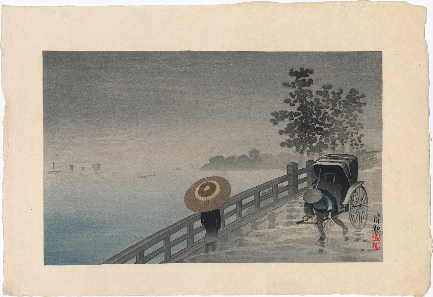 清近: 月見橋の雨 (売り切れ) – Egenolf Gallery Japanese Prints
