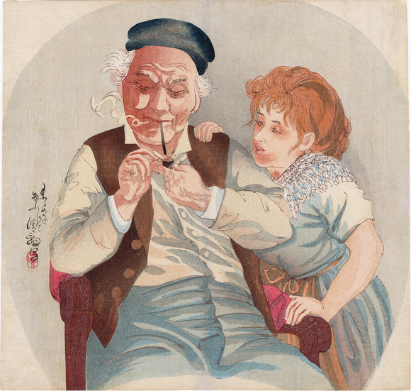 Kiyochika: Fan Print of Dutch Man Lighting Pipe