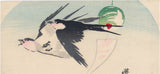 Kawanabe Kyosai 河鍋 暁斎: Fan Print of Swallows and Wind Chime (Sold)