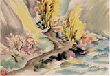 小畑：秋の山渓谷の水彩画（SOLD）