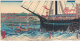 Sadahide: Tokugawa Shogun's Western  Gunboat Steamship Sailing Near Yokohama with Emperor Komei