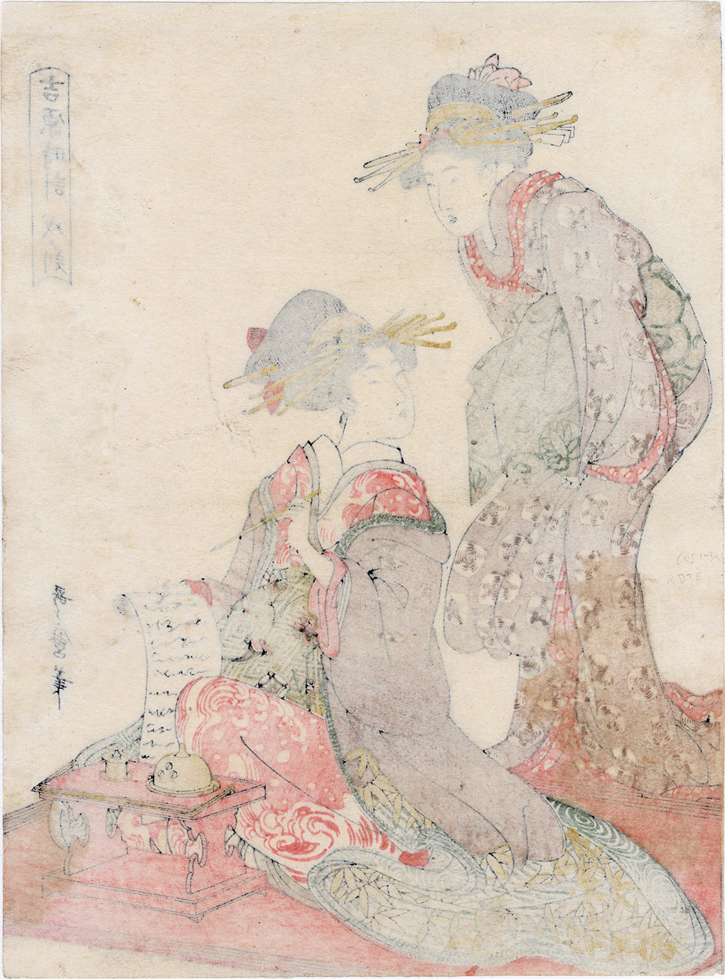 歌麿: 手紙を書く遊女と仲間; 戌の刻 – Egenolf Gallery Japanese Prints